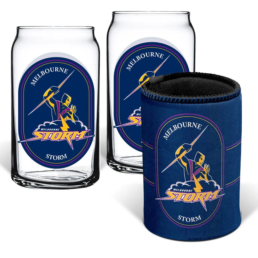 Melbourne Storm NRL Set of 2 Can Shaped Glasses and Can Cooler Gift Set