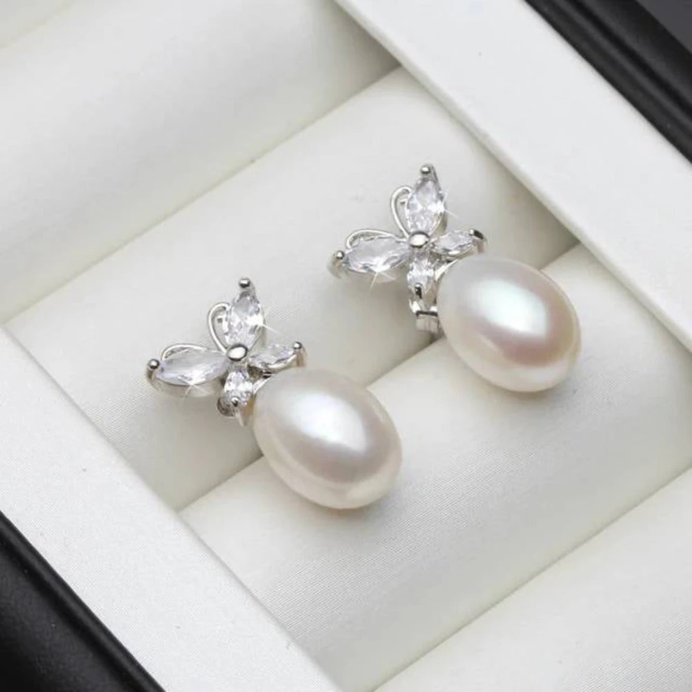 Genuine White Freshwater Pearl & Simulated Diamond Butterfly Stud Earrings - White