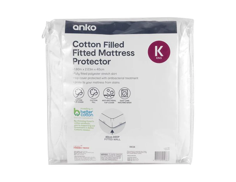 Cotton Filled Fitted Mattress Protector, King Bed  - Anko