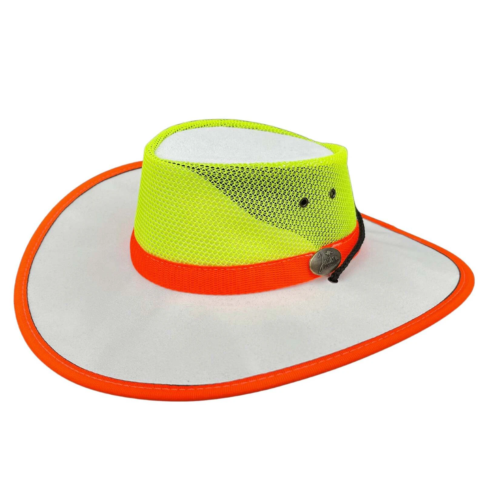 Jacaru Hi Vis Safety Hat Fluro Canvas Vented Summer Wide Brim - White/Yellow