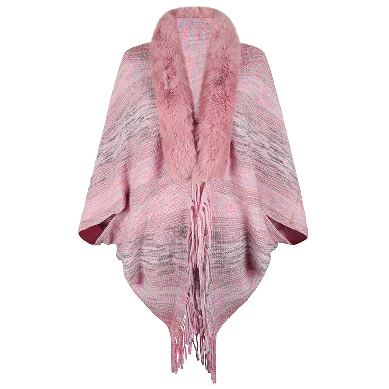 Fringed Hem Poncho Plush Faux Fur-trim Outerwear Capes Shrugs