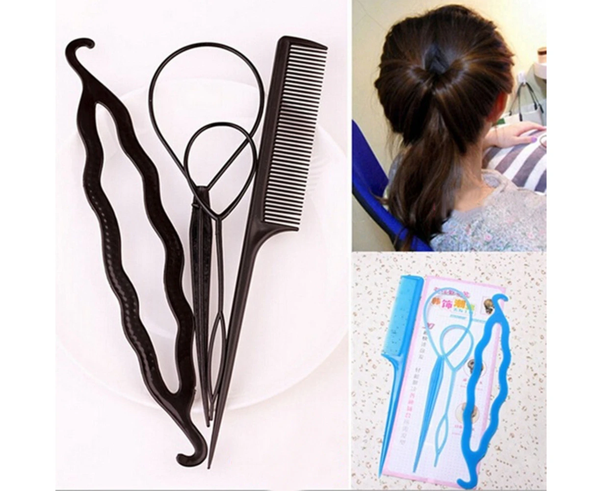 4Pcs Women Braiding Comb Topsy Tail Hair Loop DIY Bun Donut Maker Styling Tools