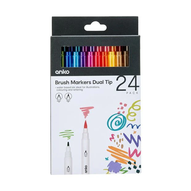 Dual Tip Brush Markers, 24 Pack - Anko