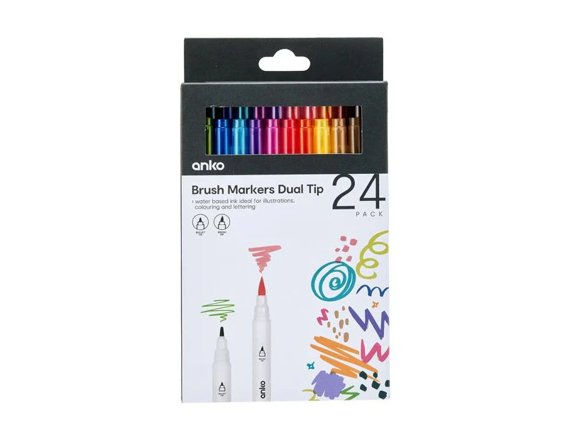 Dual Tip Brush Markers, 24 Pack - Anko