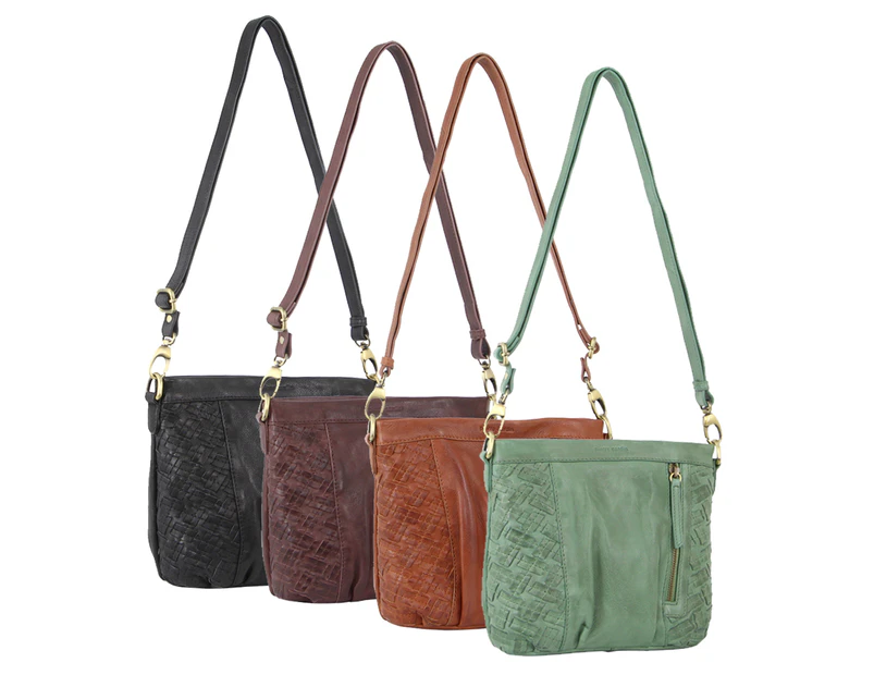 Pierre Cardin Women's Woven Leather Cross-Body Bag w/ Front Zip Pocket - Green