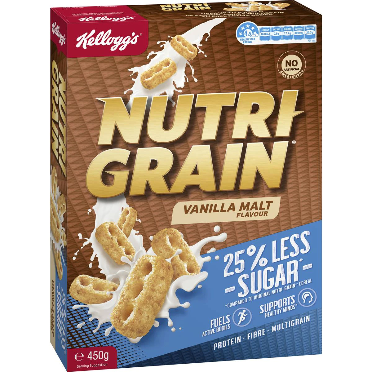 Kelloggs Nutri Grain Vanilla Malt Less Sugar Breakfast Cereal 450g