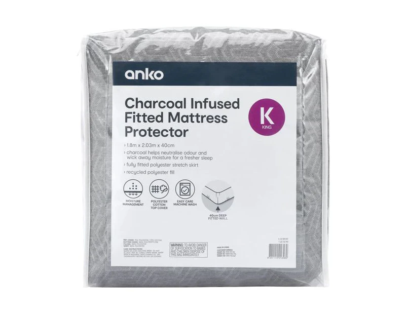 Charcoal Infused Fitted Mattress Protector, King Bed - Anko