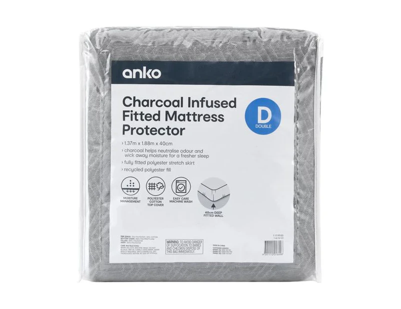 Charcoal Infused Fitted Mattress Protector, Double Bed - Anko