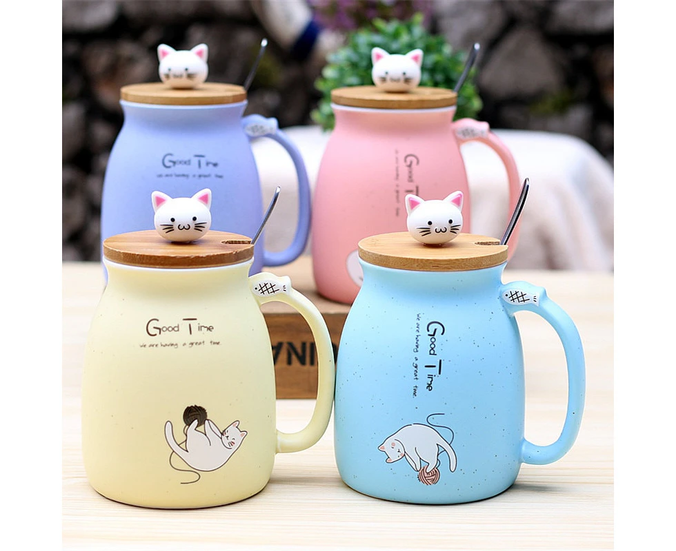 450ml Cartoon Ceramics Cat Mug With Lid and Spoon Coffee Milk Tea Mugs Breakfast Cup Drinkware Novelty Gifts-Blue