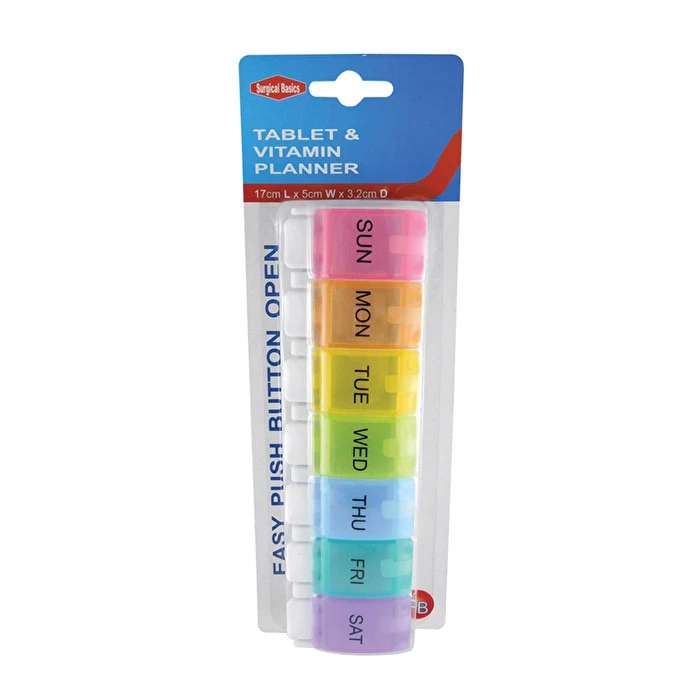 Dispensary & Clinic Items Surgical Basics Pill Box Weekly Pill Planner  1 Section Per Day (L17cm x W5cm x D3.2cm)