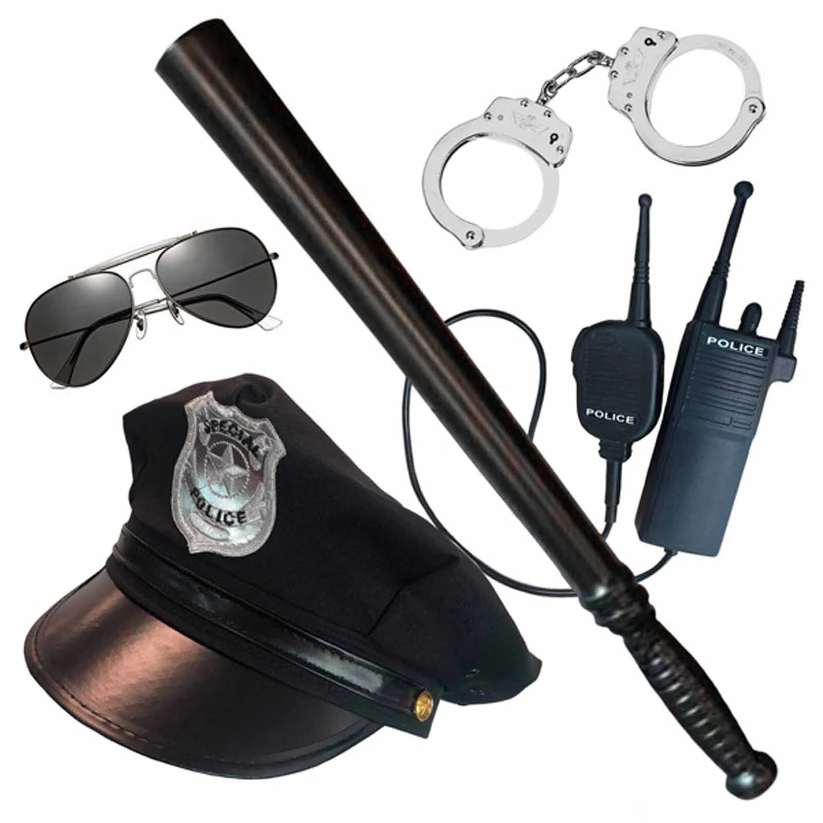 Police Officer Costume Accessories Set - Hat, Glasses, Baton, Cuffs, Radio