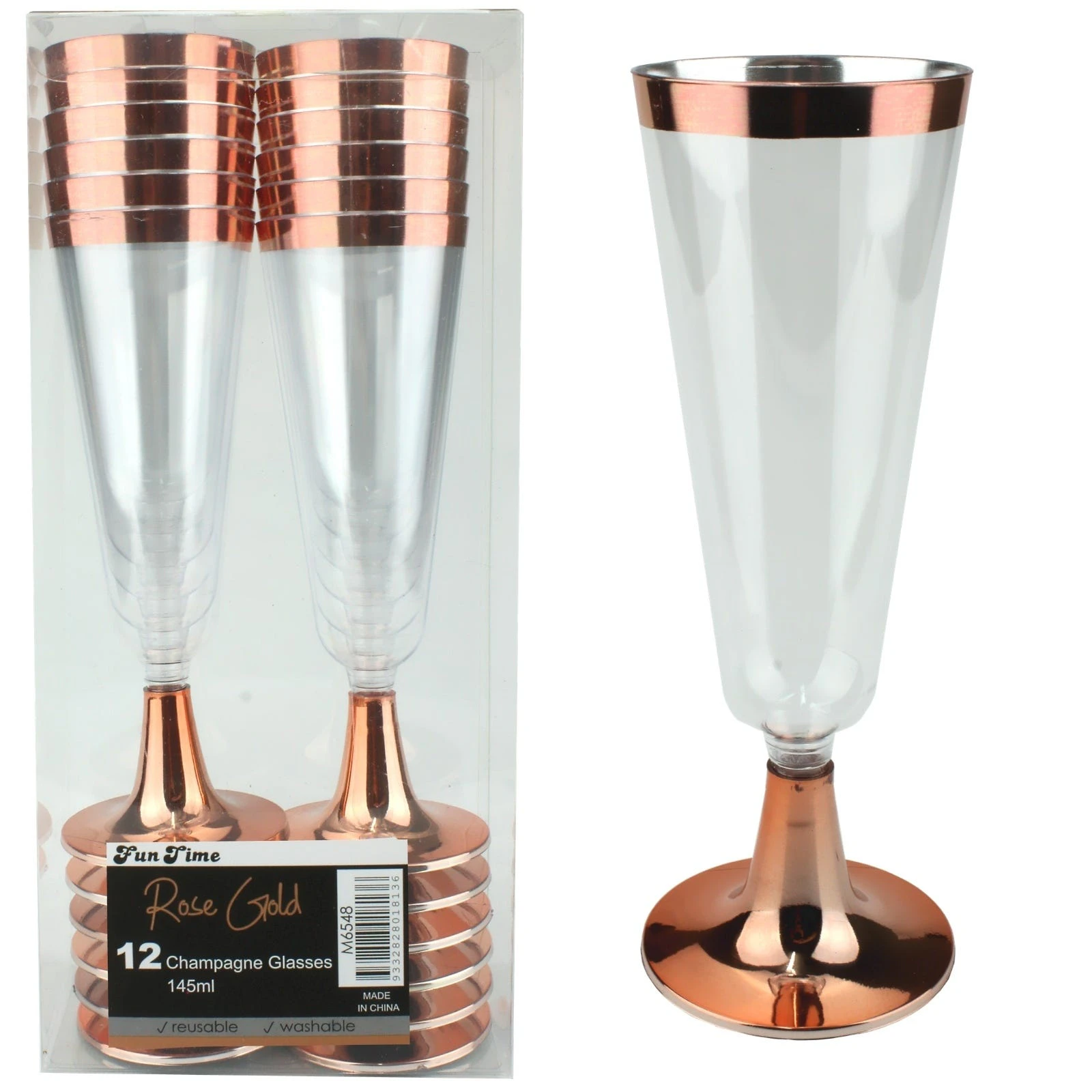 Rose Gold Trim Plastic Champagne Glasses (Pack of 12)