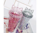 New Creative Plastic BPA Free Water Bottle with Straw Flash Cat Ear Double Drinking Bottle Gift for Friend Child Drinkware-Pink