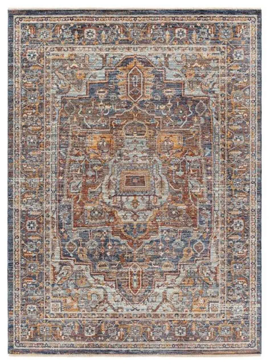 Marazion Distressed Medallion Aztec Blue Traditional Floor Rug - 4 Sizes - Blue