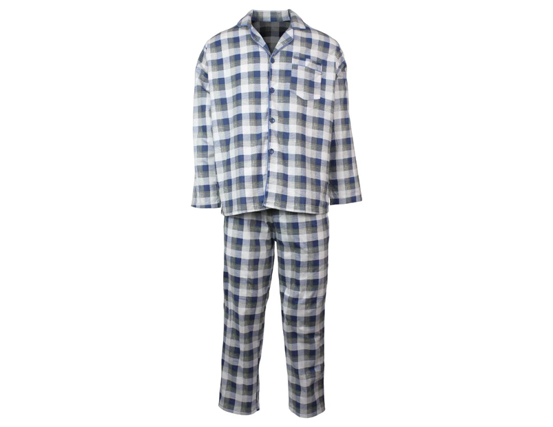 Mens Flannelette Pyjama Set Sleepwear Soft 100% Cotton PJs Two Piece - Light Blue Check