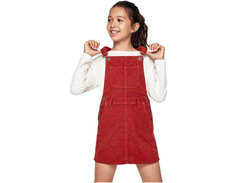 Pepe Jeans Girls Corduroy Dungaree Dress in Red