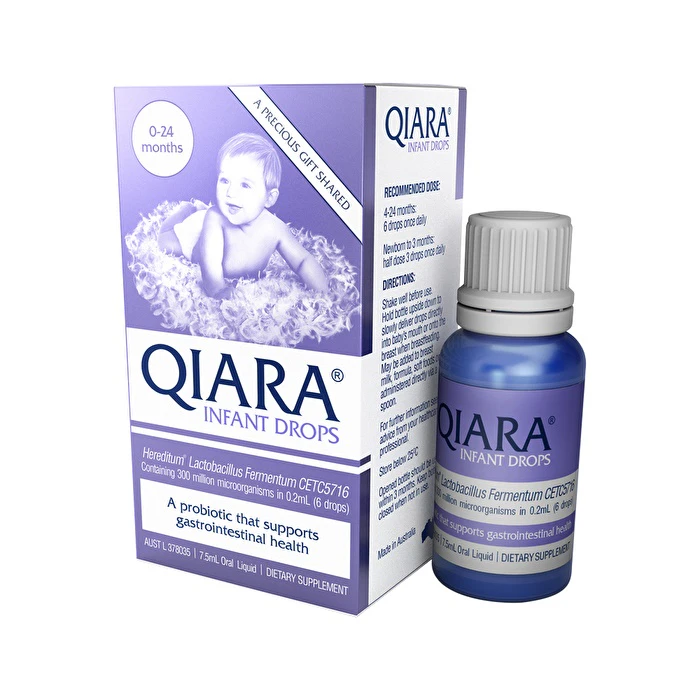 Qiara 424 months: Six drops () once daily. Newborn to 3 months: Half dose (3 drops). 6 drop dose gives a full daily dose equivalent to one sachet of