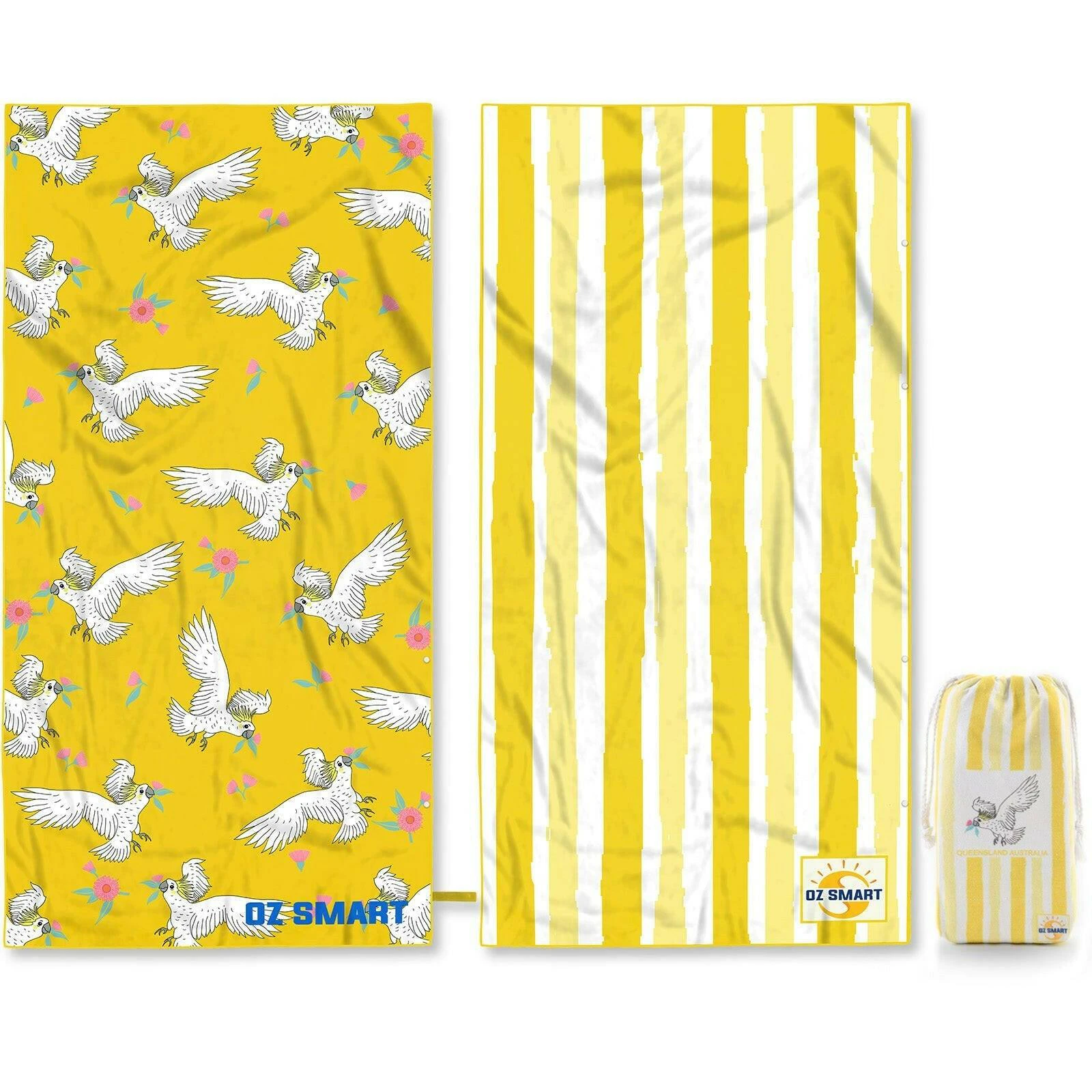 Aussie Sand-Free Beach Towel - 100% Recycled Microfibre XXL Quick Dry Australian Design - OZ Smart - Cockatoo/Yellow