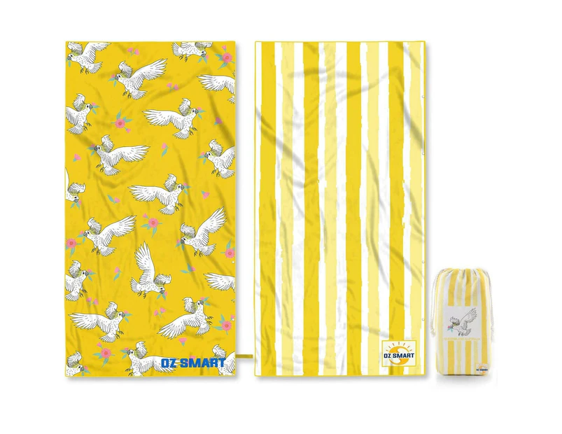 Aussie Sand-Free Beach Towel - 100% Recycled Microfibre XXL Quick Dry Australian Design - OZ Smart - Cockatoo/Yellow