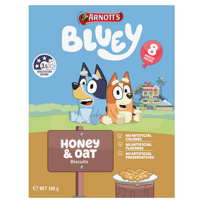 Arnotts Bluey Honey and Oat Flavoured Biscuit Kids Lunchbox Snacks 8 Pack