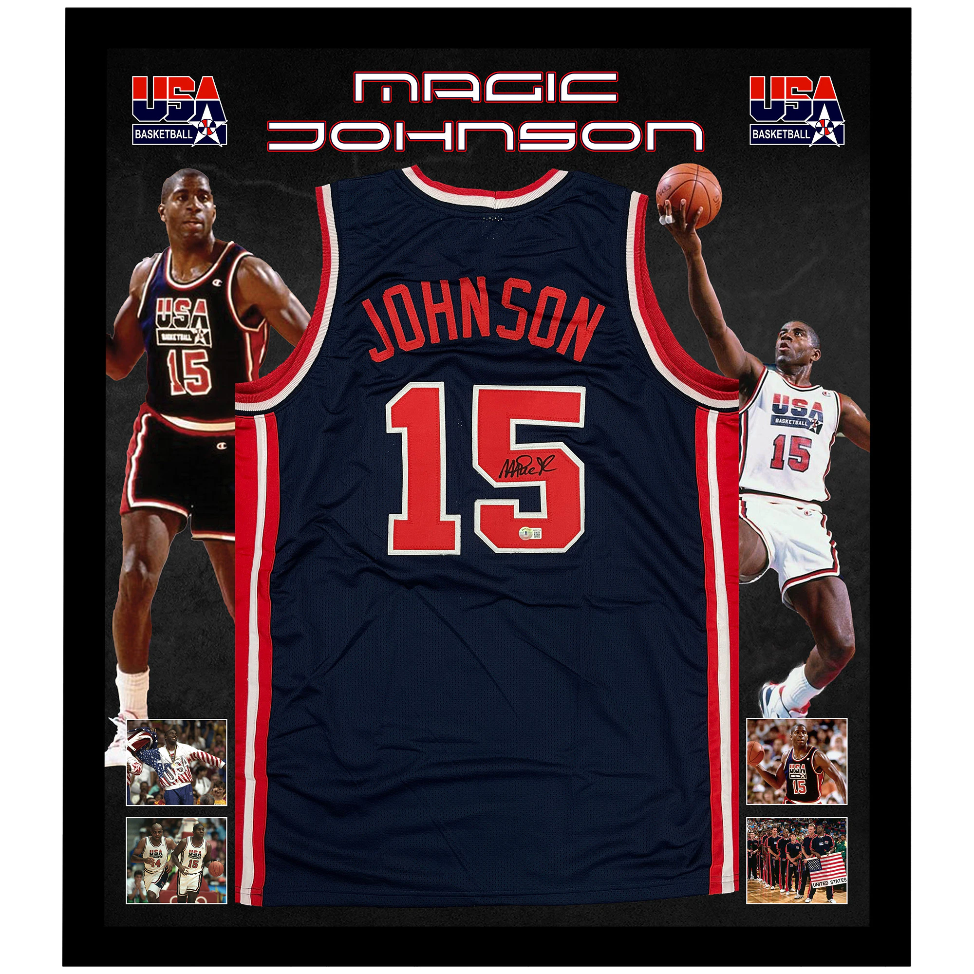 Basketball - Magic Johnson Signed & Framed Team USA Olympics Blue Jersey (Beckett Hologram)