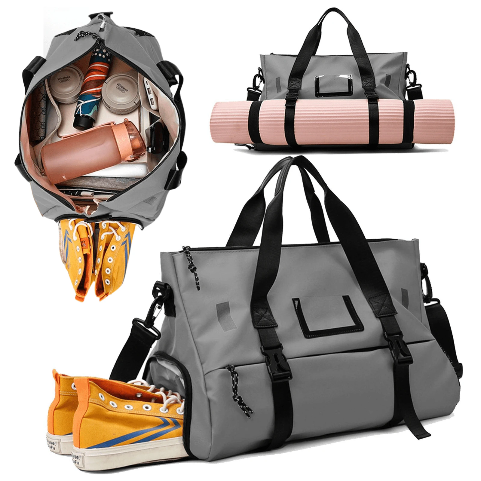 Endurance Duffel Gym Bag - Yoga Mat Strap and Shoe Compartment - Wet/Dry Separation Pocket - OZ Smart - Grey