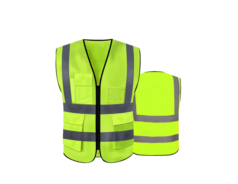 Hi Vis Safety Vest Reflective High Visibility Tape Zip Up Workwear Pocket Night - Fluro Green