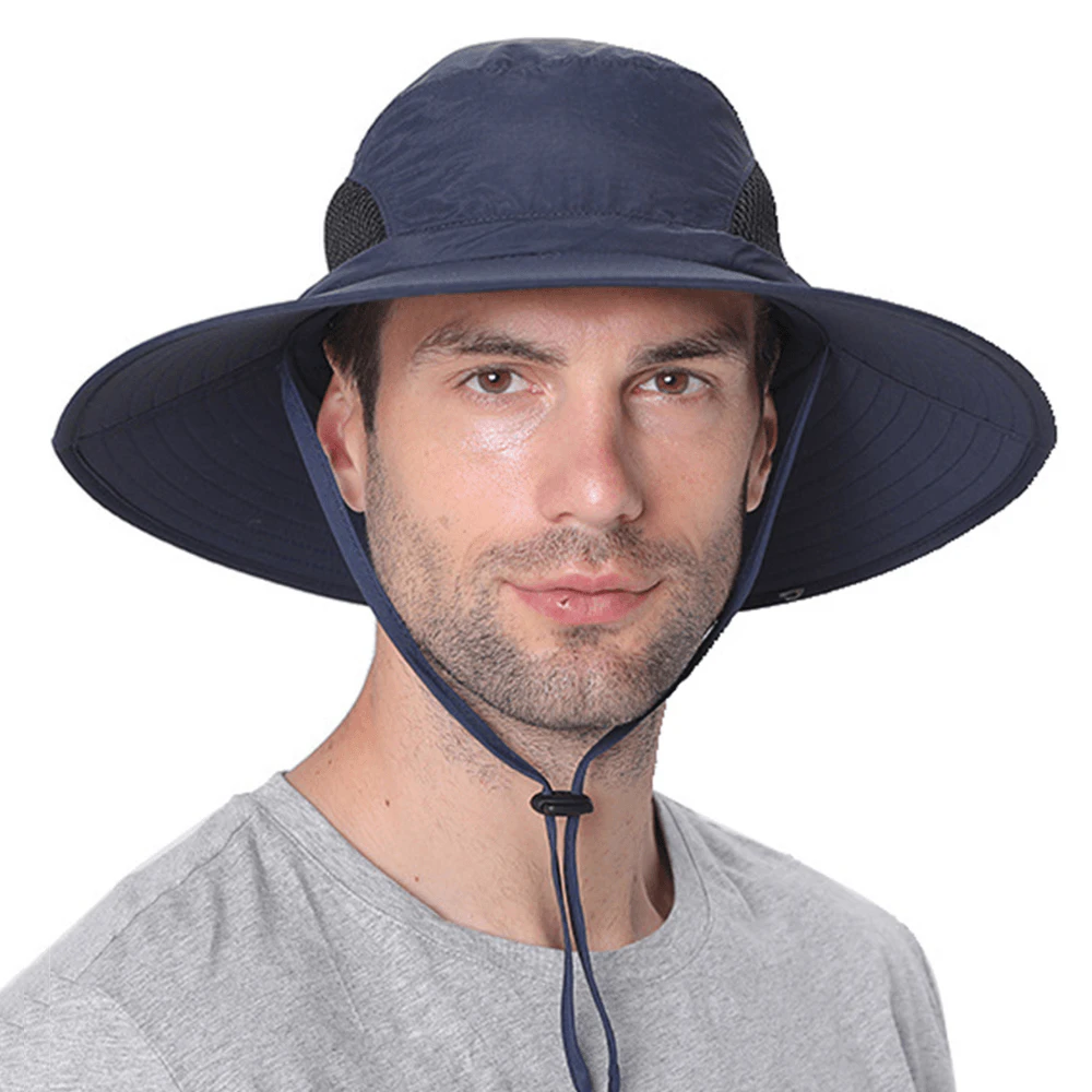 Classic Wide Brim Sun Hat for Men and Women - Waterproof UPF50+ Material - Adjustable Crown and Chin Strap - OZ Smart - Navy