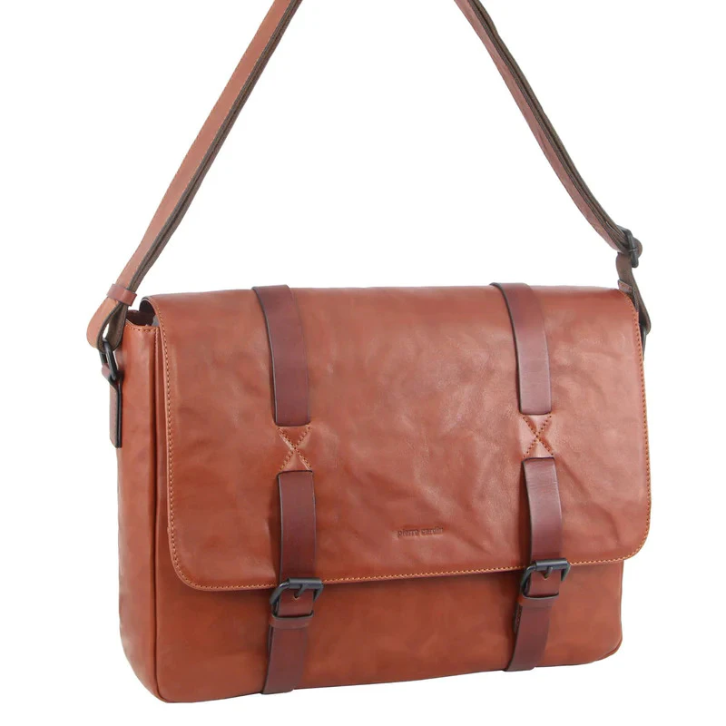 Pierre Cardin Mens Crumple Leather Flap Over Computer/Laptop Bag - Cognac