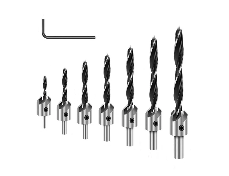 7pc Wood Countersunk Head Drill Bit Set Auger Countersink Screw Kit + 1 Hex Key