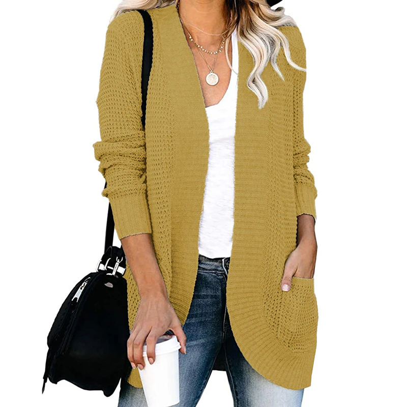 Yellow Loose Knit Open Front Cardigan with Side Pockets