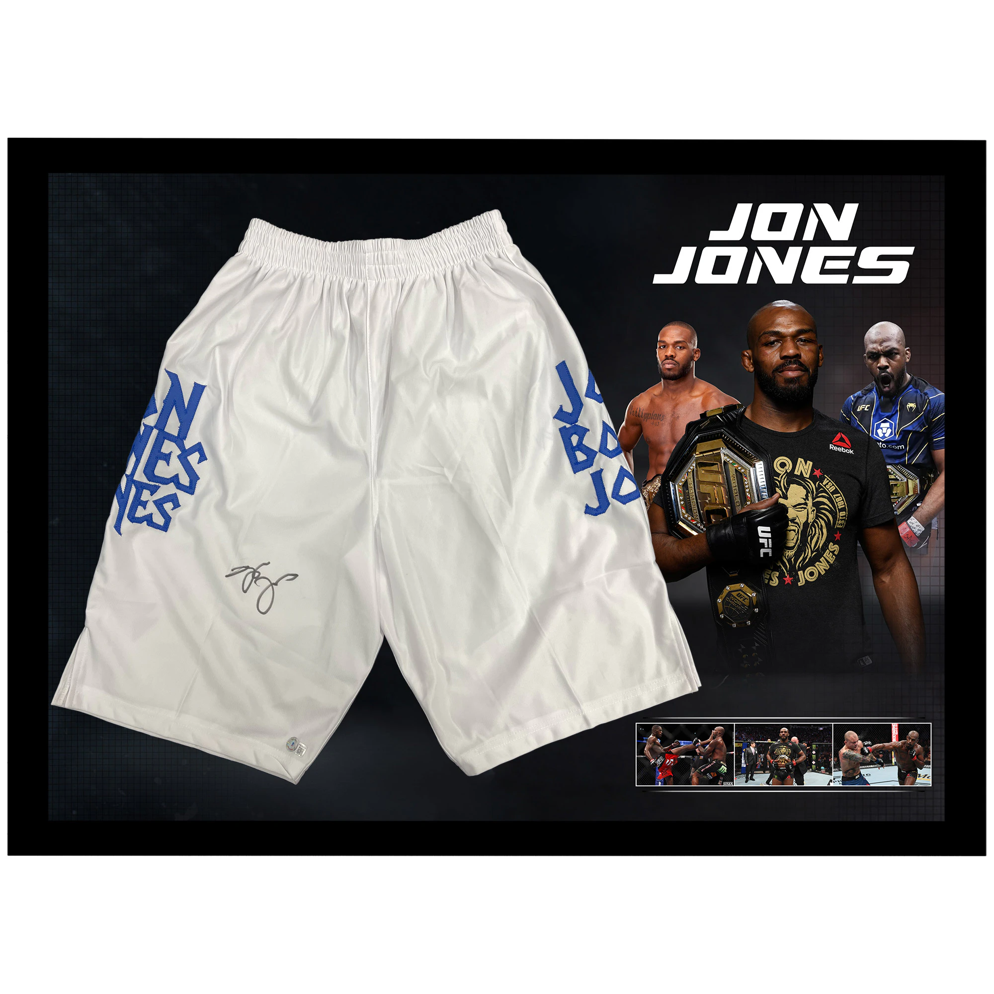 UFC - Jon "Bones" Jones Signed & Framed White UFC Trunks (Beckett Hologram)