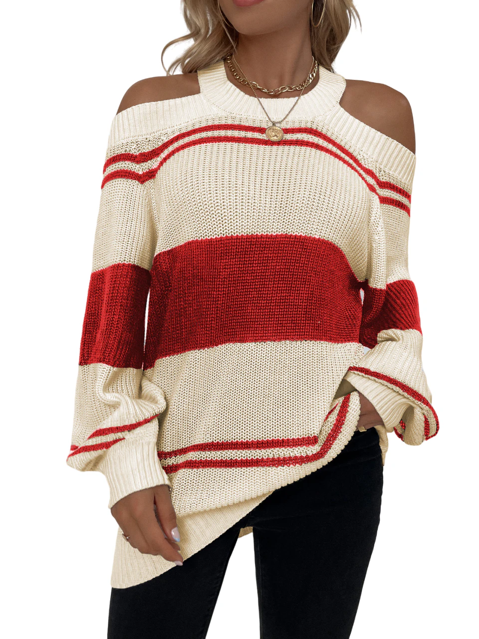 Cream Cut-out Halter Neck Loose Fit Bishop-sleeve Knit Sweater