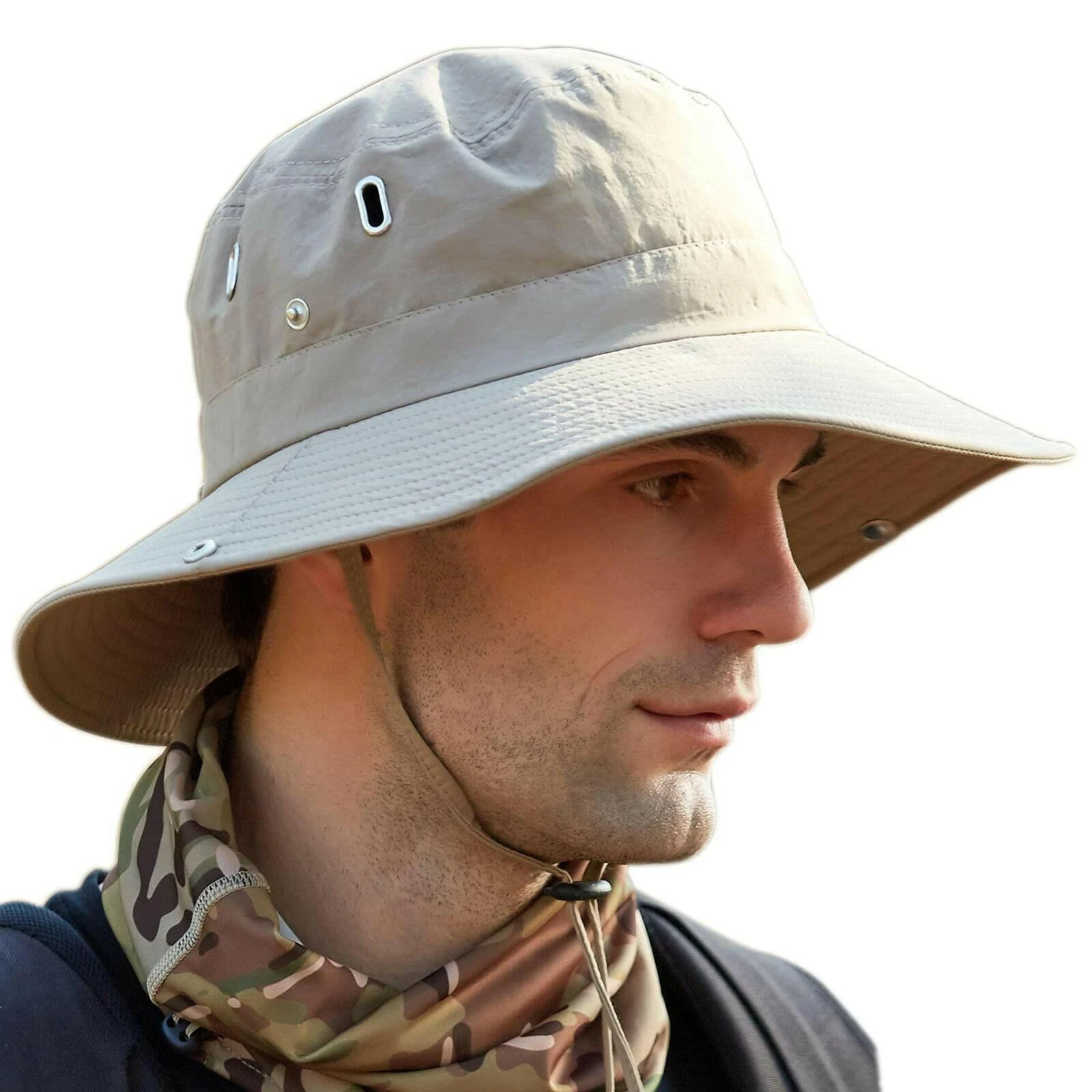 Wide Brim Bucket Sun Hat for Men and Women - Waterproof UPF50+ Material - Adjustable Crown and Chin Strap - OZ Smart - Khaki