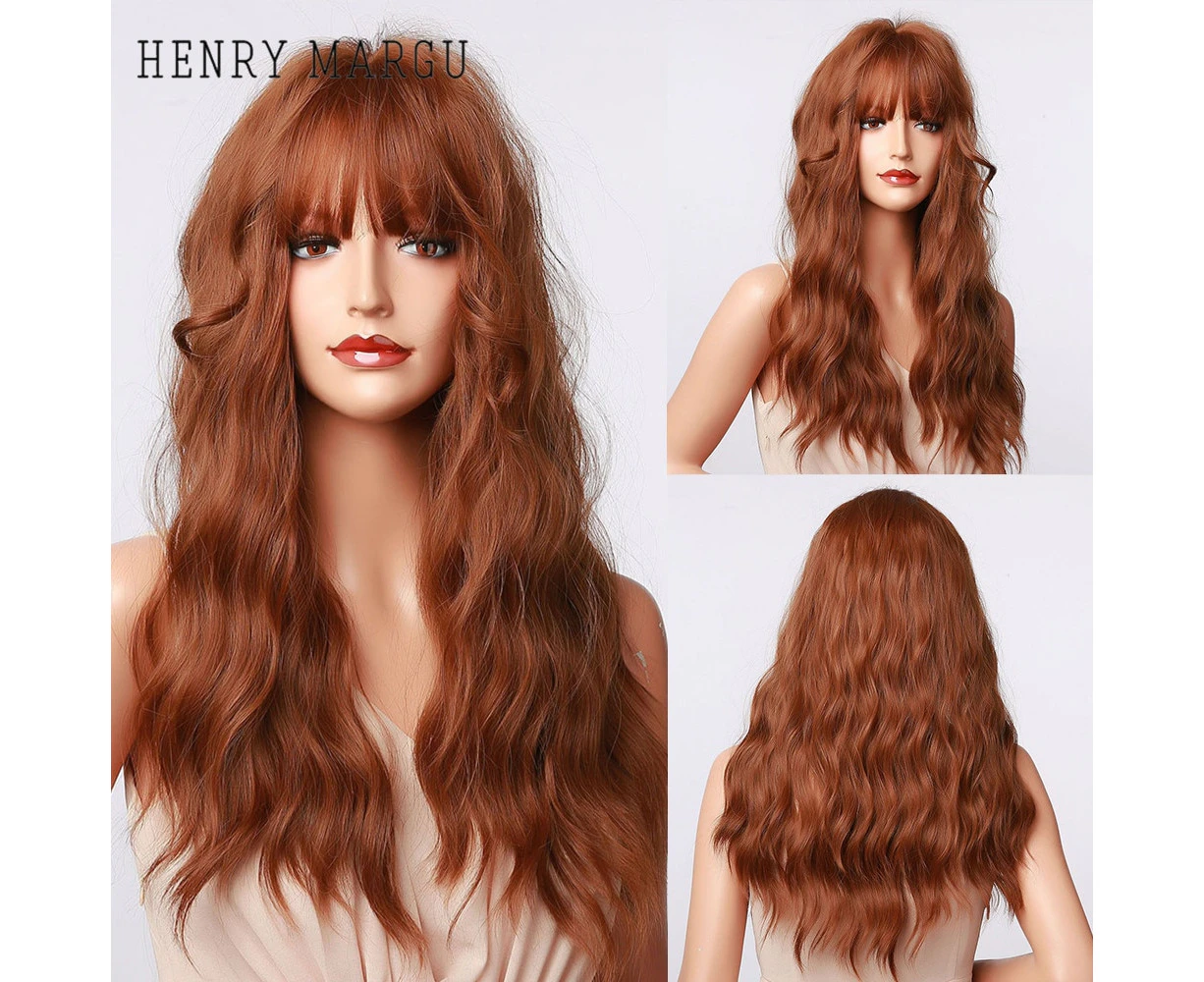 HENRY MARGU Cosplay Long Wavy Wig Ombre Black Dark Brown Wine Red Synthetic Hair Wig with Bangs High Temperature Fiber for Women