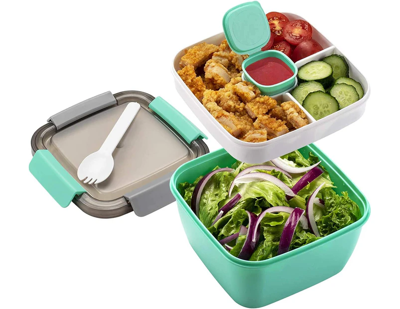 Lunch Box Leak-Proof Bento Box Salad Container With Dressing Container 3 Compartments Salad Box-To-Go For Salads And Snacks, Lunch Box Microwave Heating Fo