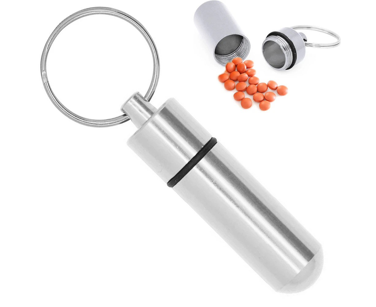 Aluminum Keychain Medication Pill Box. Waterproof Portable Mini Travel Pill Boxes Medicine Vitamin Holder case. Bottle Container - Silver