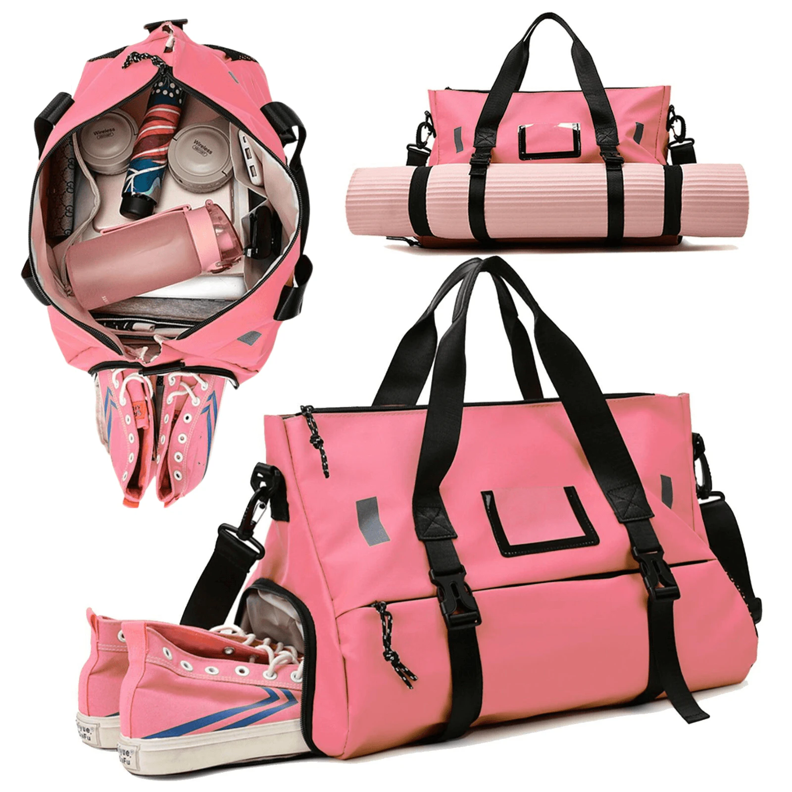 Endurance Duffel Gym Bag - Yoga Mat Strap and Shoe Compartment - Wet/Dry Separation Pocket - OZ Smart - Pink