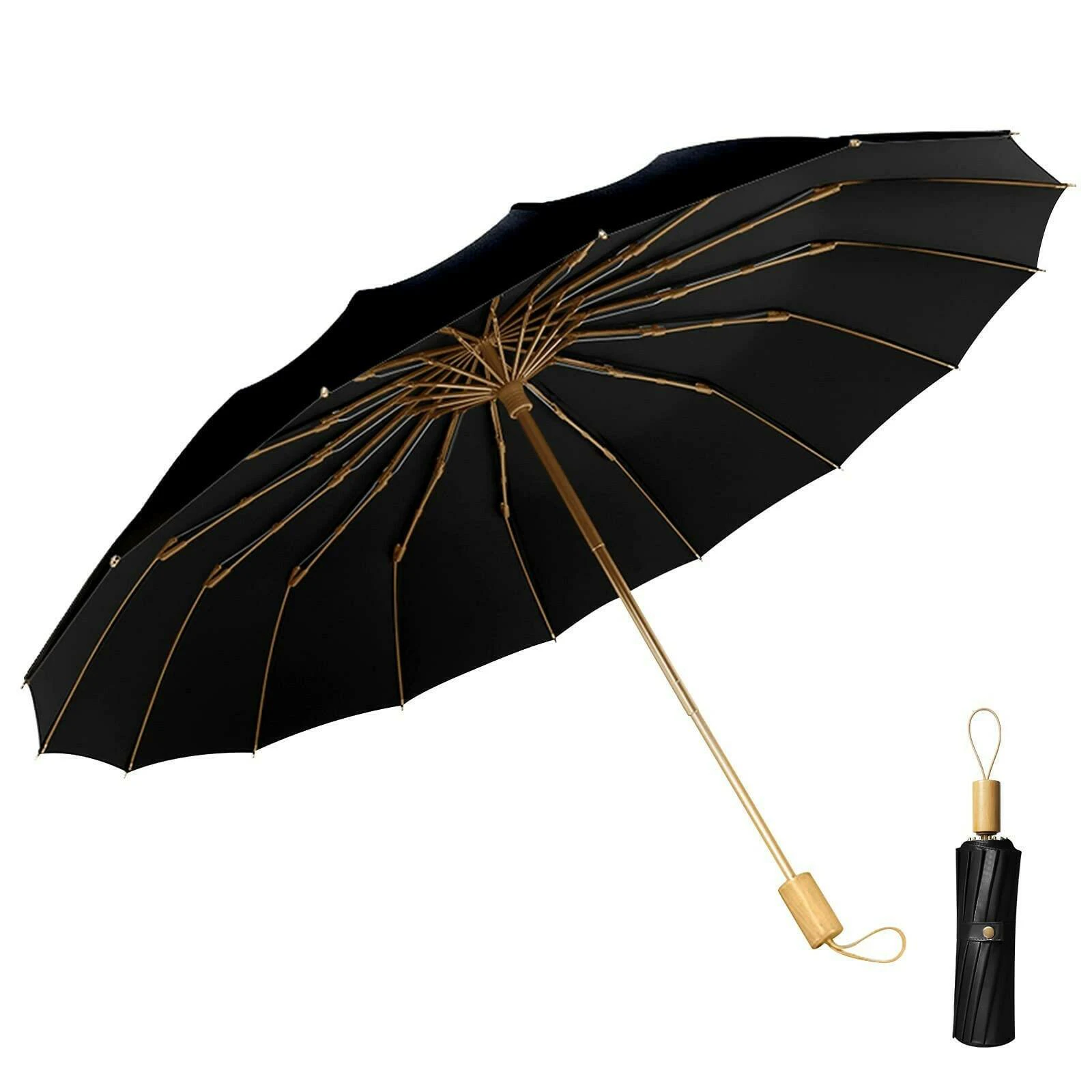 Compact Sun Rain UV Umbrella (UPF50+) with Reinforced Golden Fiberglass Ribs - Heat Reflective Coating - Multi-Seasonal Use - OZ Smart - Black