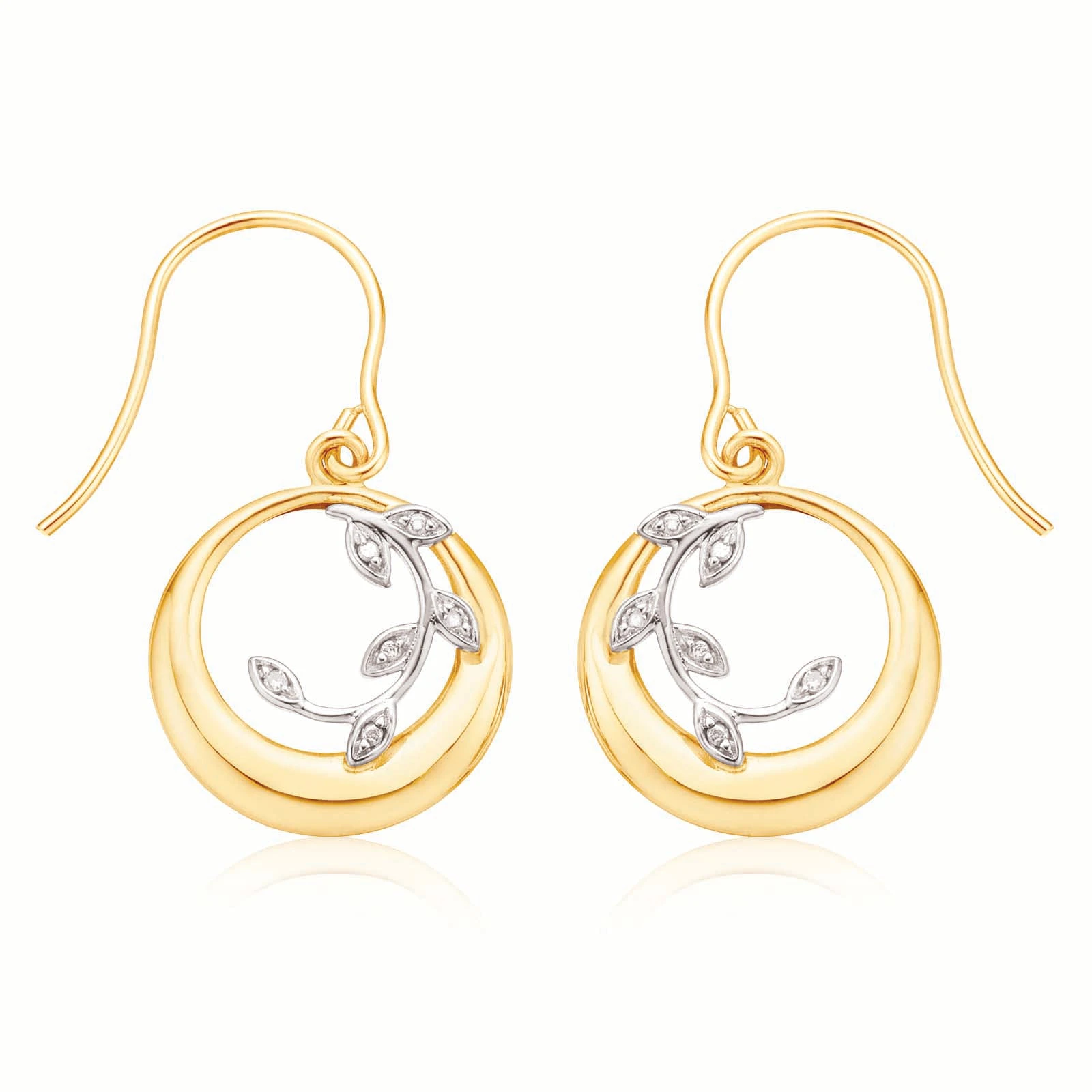 9ct Yellow Gold Diamond Set Vine Circle Drop Earrings