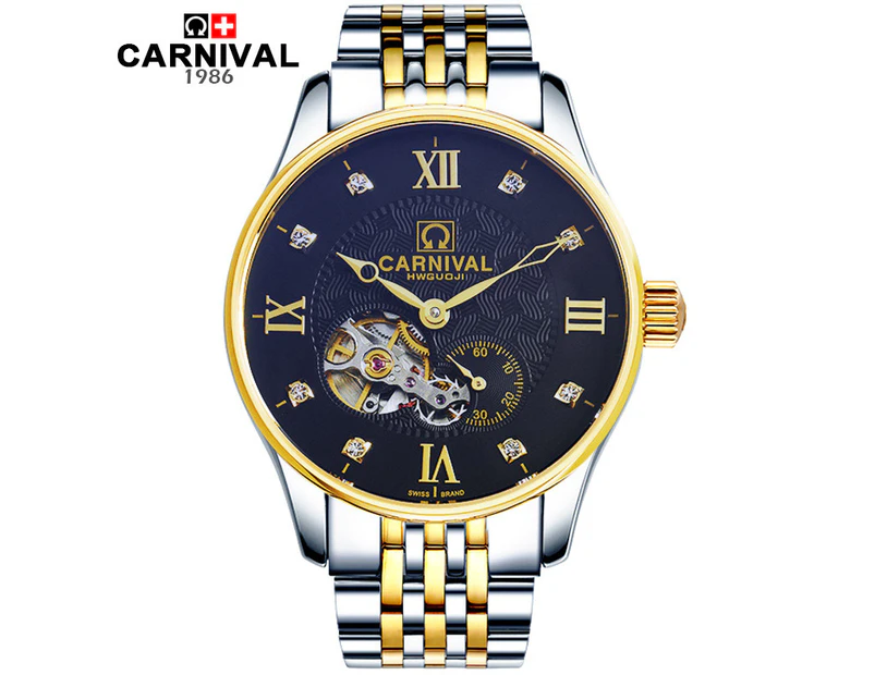 Swiss Fully Automatic Mechanical Hollow Men s Watch CARNIVAL 8671 Black Gold Catch