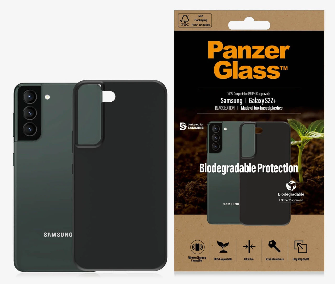 PanzerGlass Samsung Galaxy S22+ 5G (6.6') Biodegradable Case - Black(0375),Military Grade Standard,Wireless charging compatible,Scratch Resistant, 2YR