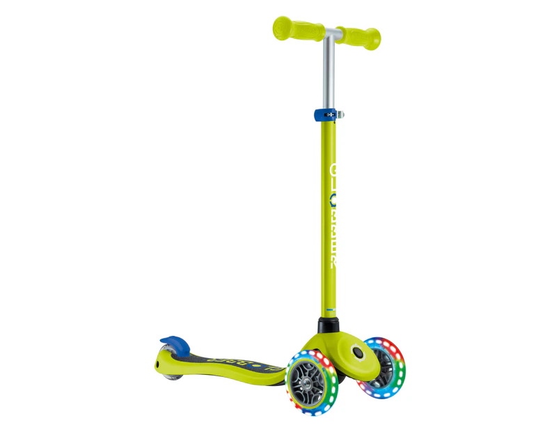 Globber Primo V2 scooter with Lights and Griptape - Lime Green/Navy Blue