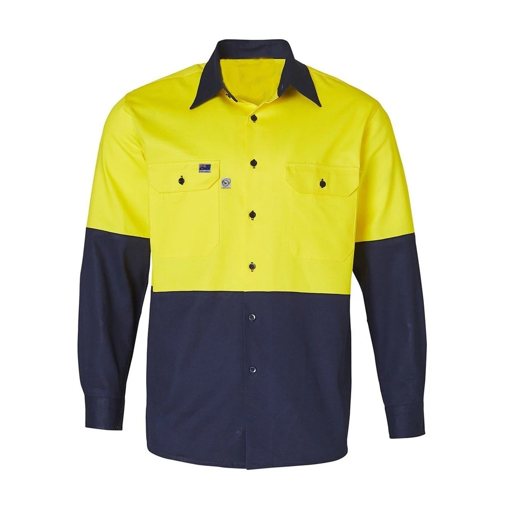 WS WORKWEAR Hi-Vis Drill Long Sleeve Work Shirts | Yellow | Navy