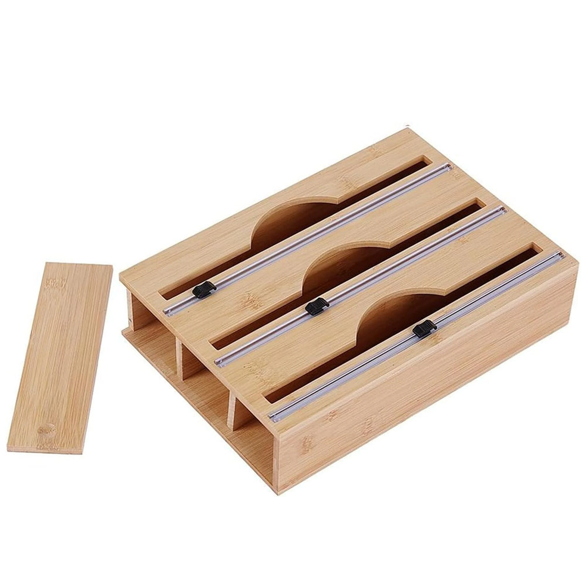 Bamboo Food Wrap Dispenser Cutter Foil Cling Film Storage Holder Box Kitchen