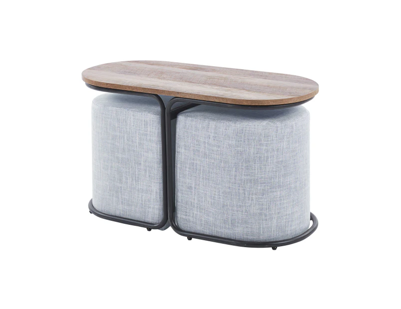 3 Piece Set Coffee Table & Ottoman Wood Side End Table Industrial - GREY