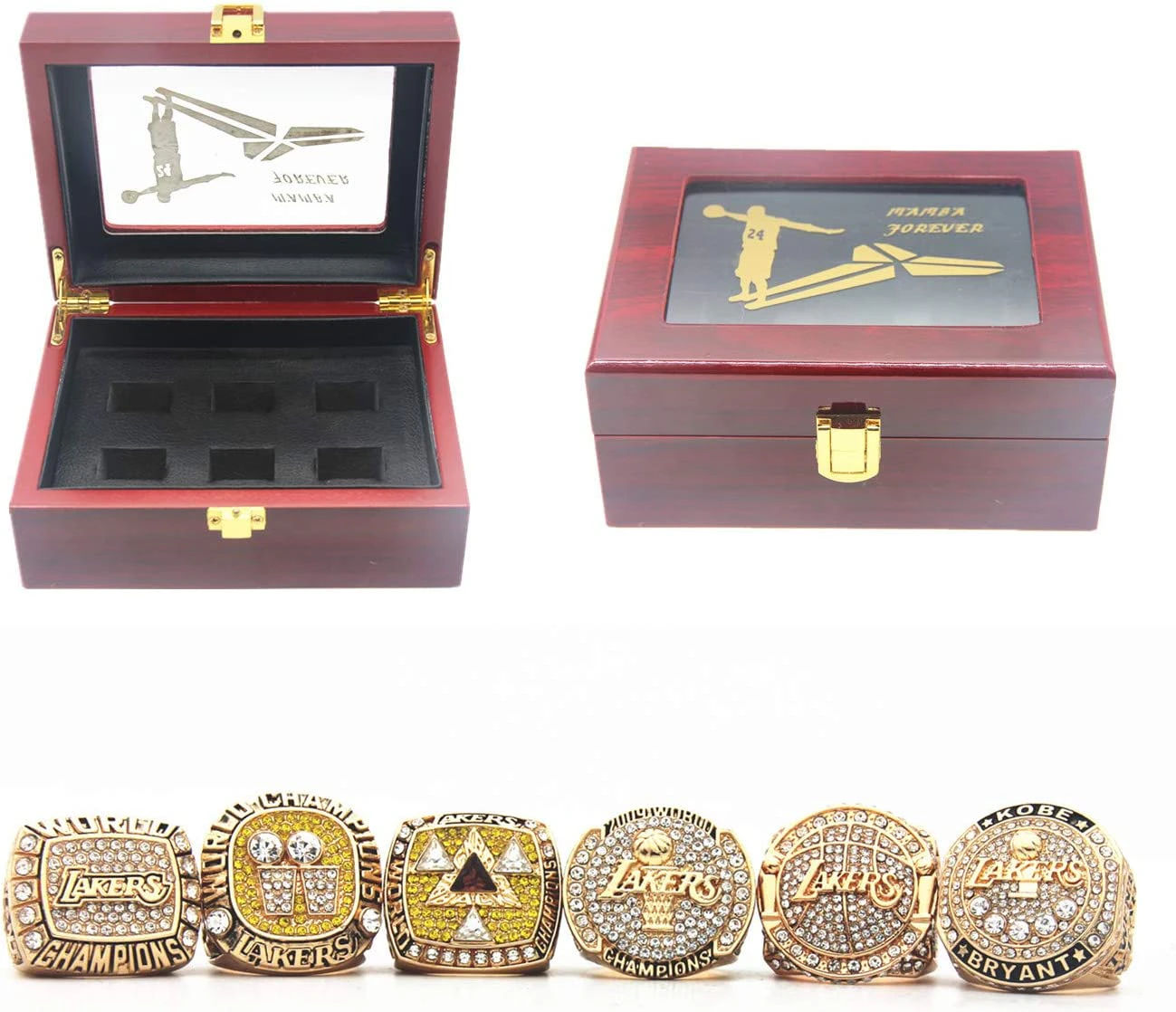 2000 2001 2002 2009 2010 LA Championship Replica Ring Lakers rings set Size 11 with Deluxe Wood Box and 2016 K'o'b'e Retirement Commemorative Mamba Forever