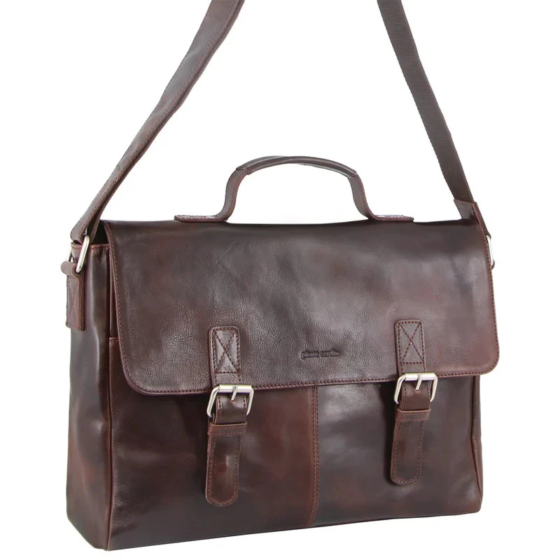 Pierre Cardin Mens Rustic Leather Flap Over Computer/Laptop Bag - Dark Chocolate