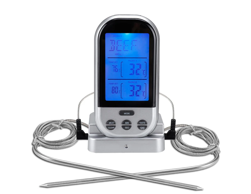 Wireless Digital Kitchen Cooking Tool BBQ Food Meat Thermometer with Dual Probe-Silver