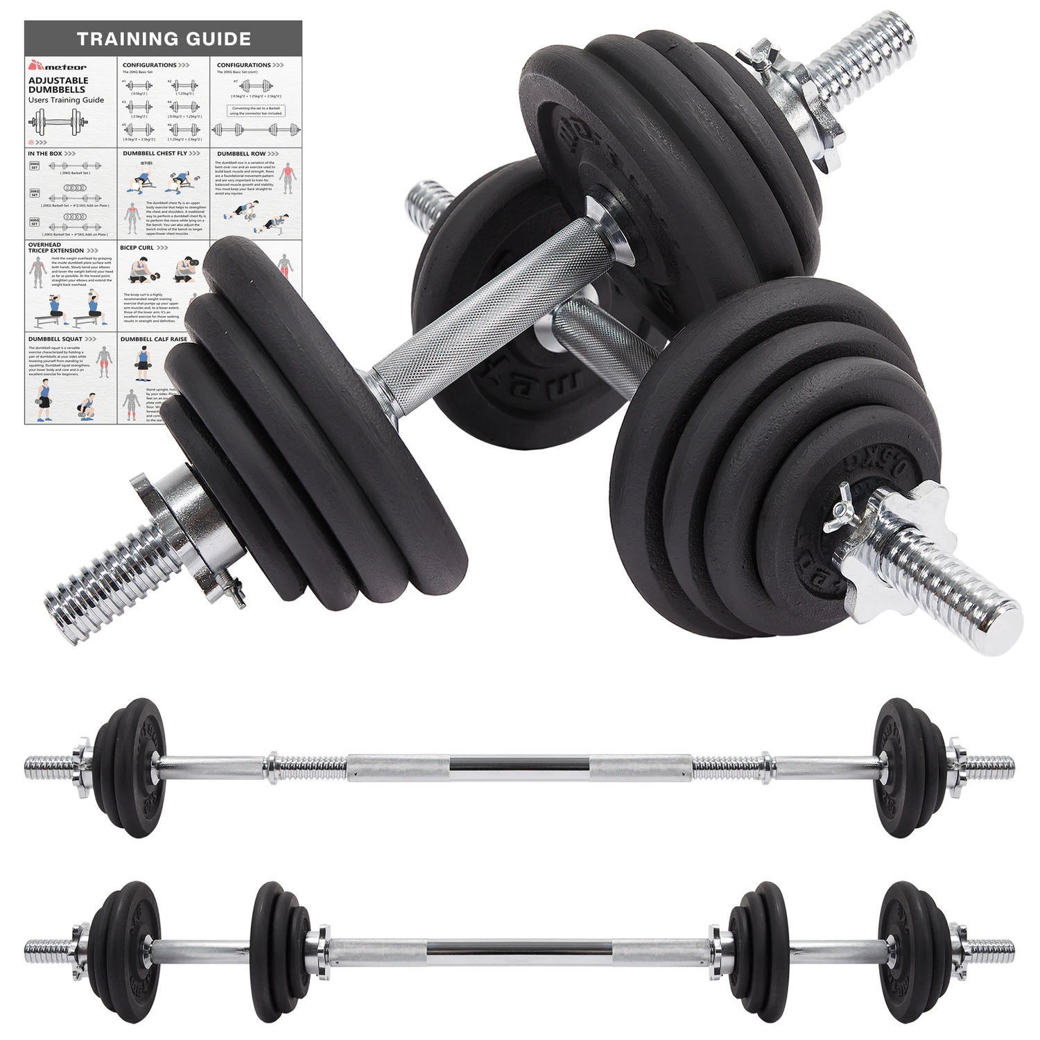 METEOR 20kg Adjustable Dumbbell Set, One Set for All, Dumbbell and Barbell, Compact Hand Weight Set